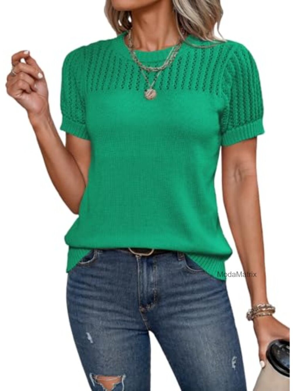 Womens Hollow Out Knit Sweater Top Short Sleeve Crewneck Loose Fit Tunic